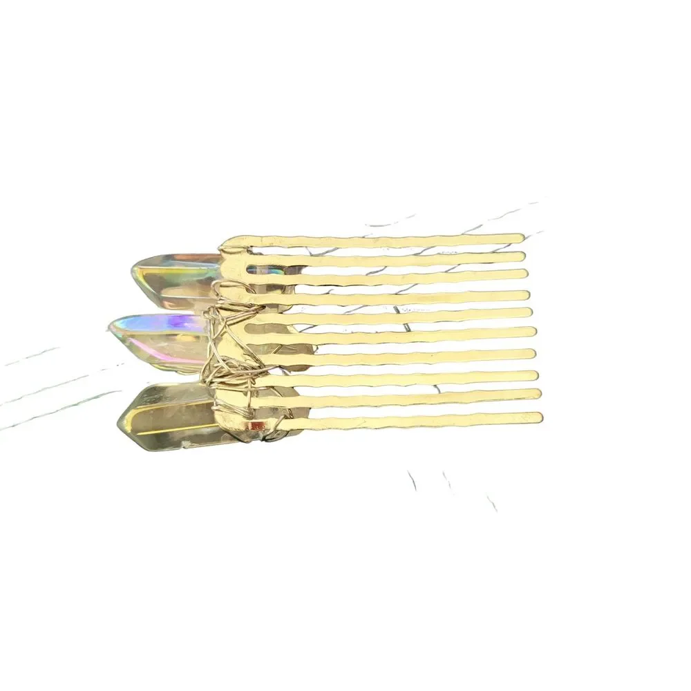 Bohemian Hair Comb Natural Quartz Crystals Solar Design Sunshine Silver Alloy